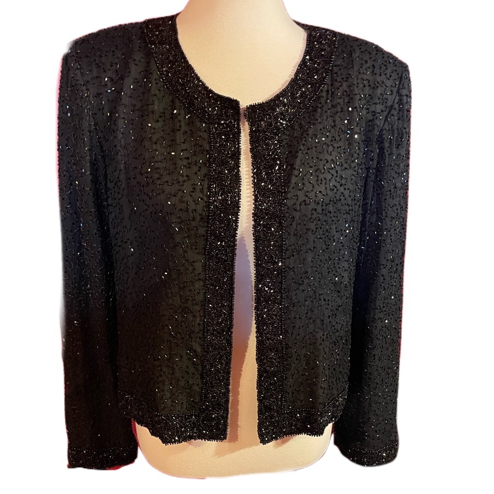 STÈNAY VINTAGE 80S BLACK 100% SILK BEADED BLAZER